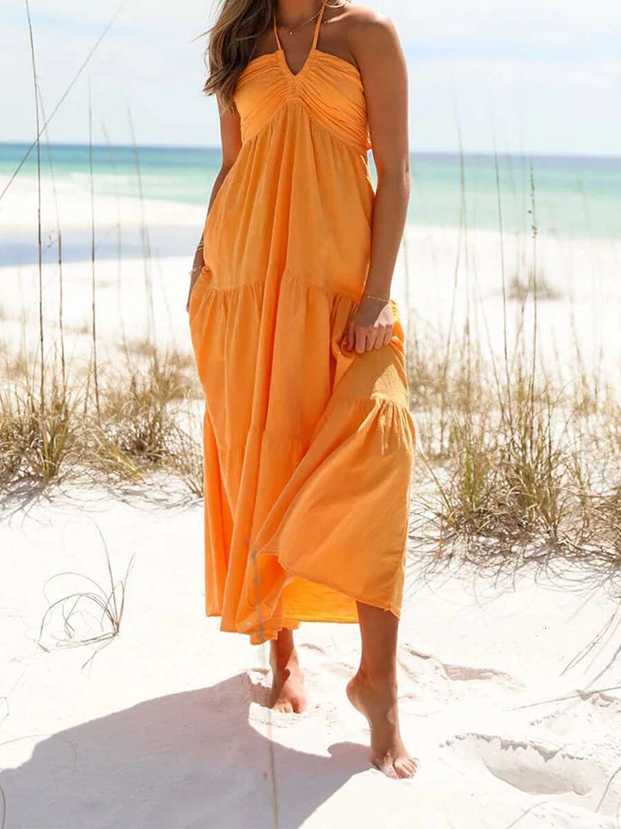 Elegant Sleeveless V-neck Maxi Dress with Floral Print and Ruffle Hem for Summer Beach Wedding Party Vacation Wear