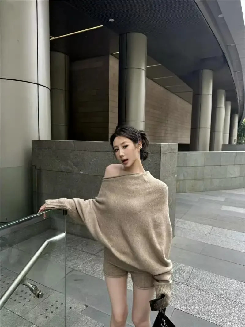 Korejpaa Elegant Sweater Short Sets Women Autumn Winter Slanted Shoulder Knitted Sweaters High Waist Shorts Two Piece Set 250605