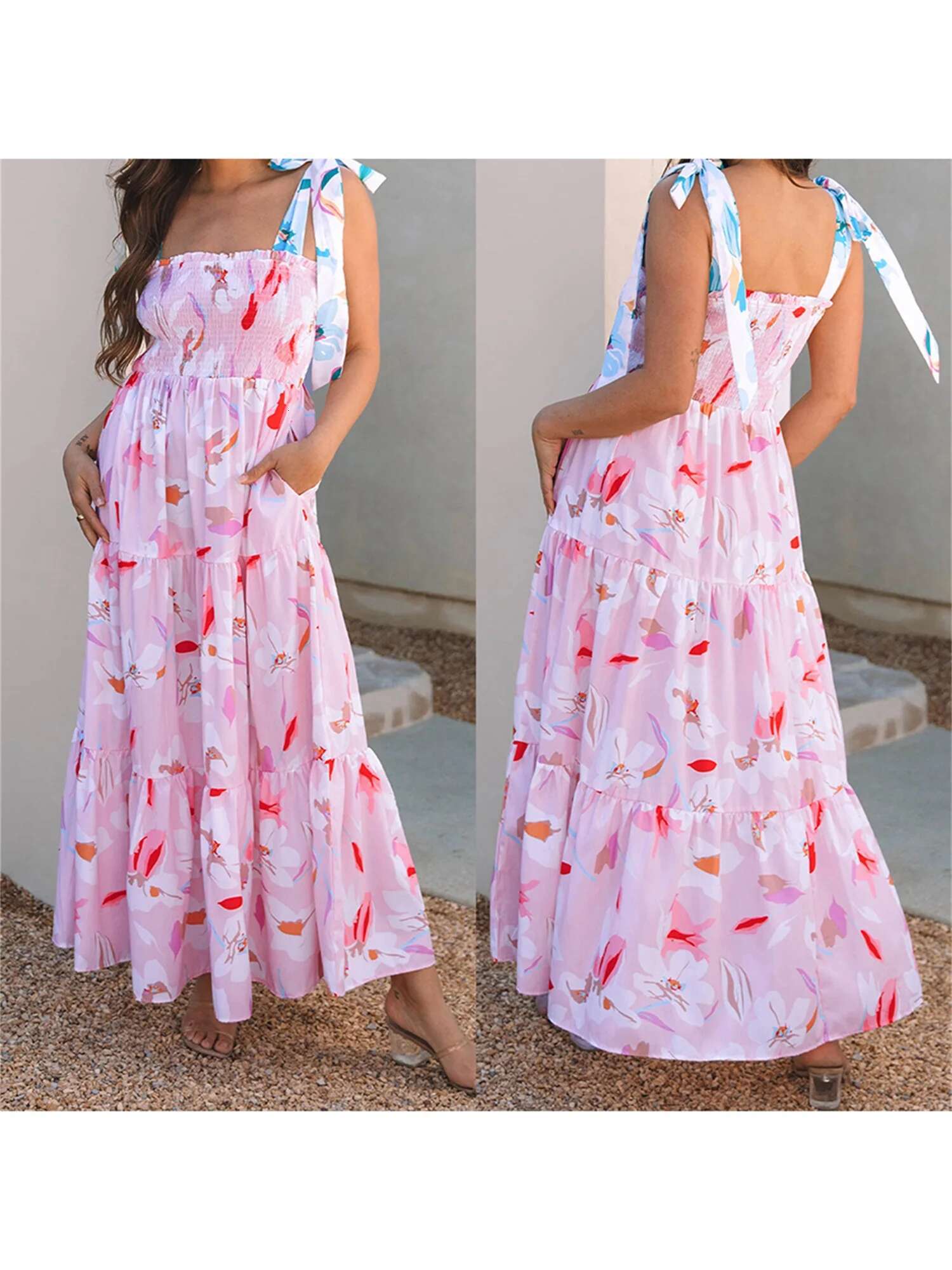 Womens Boho V-neck Maxi Dress with Ruffle Hem and Adjustable Spaghetti Straps for Summer Beach Wedding Party Casual Wear