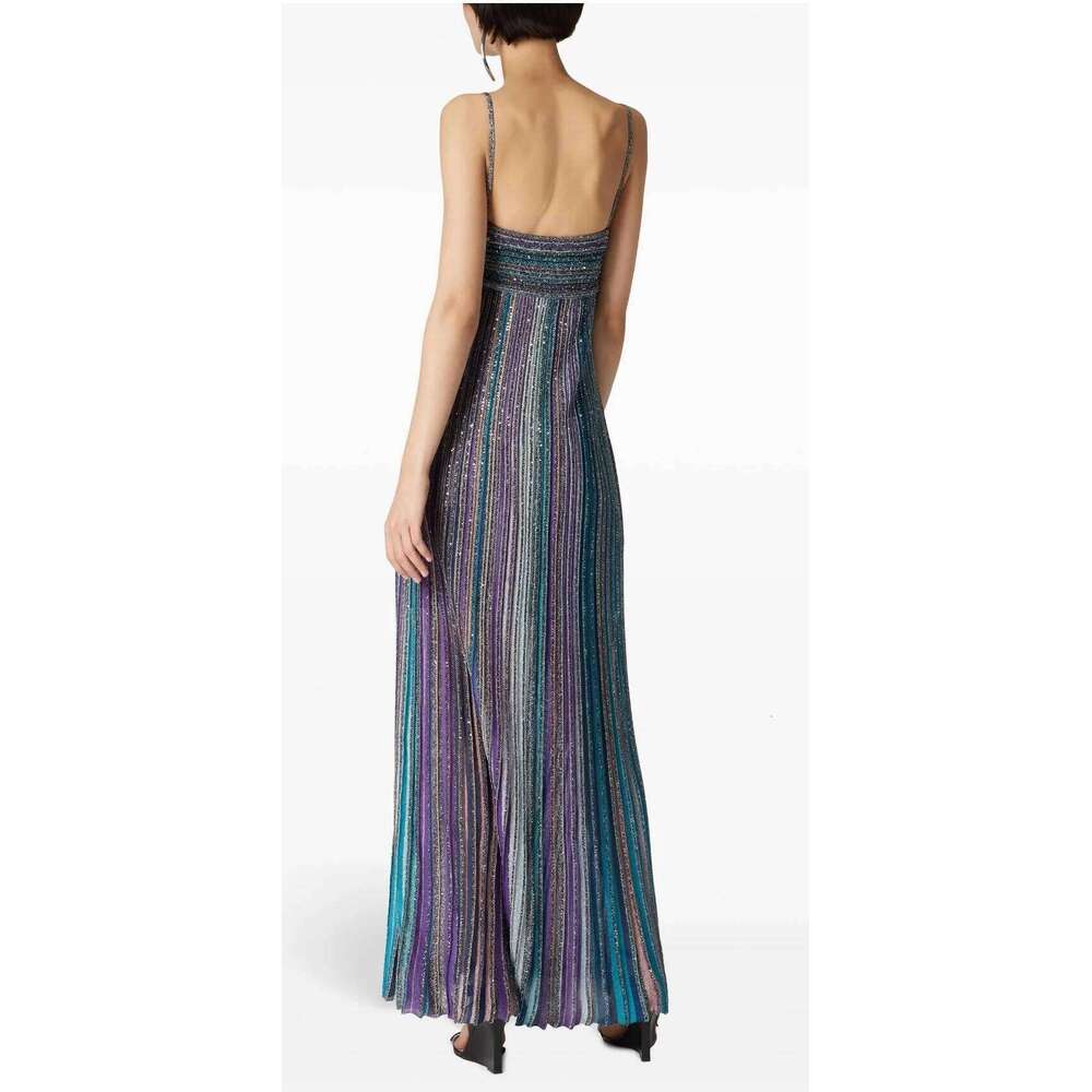 Women Sexy Strapless Metallic Sequined Multicolor Striped Maxi Long Knit Sling Dress