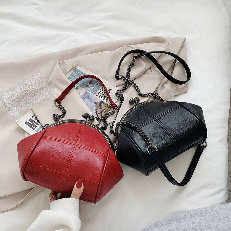 2025 New Vintage Two Straps Shell Lock Bag Chain Women Shoulder Crossbody Bags PU Leather Tote Women's Handbags Purses