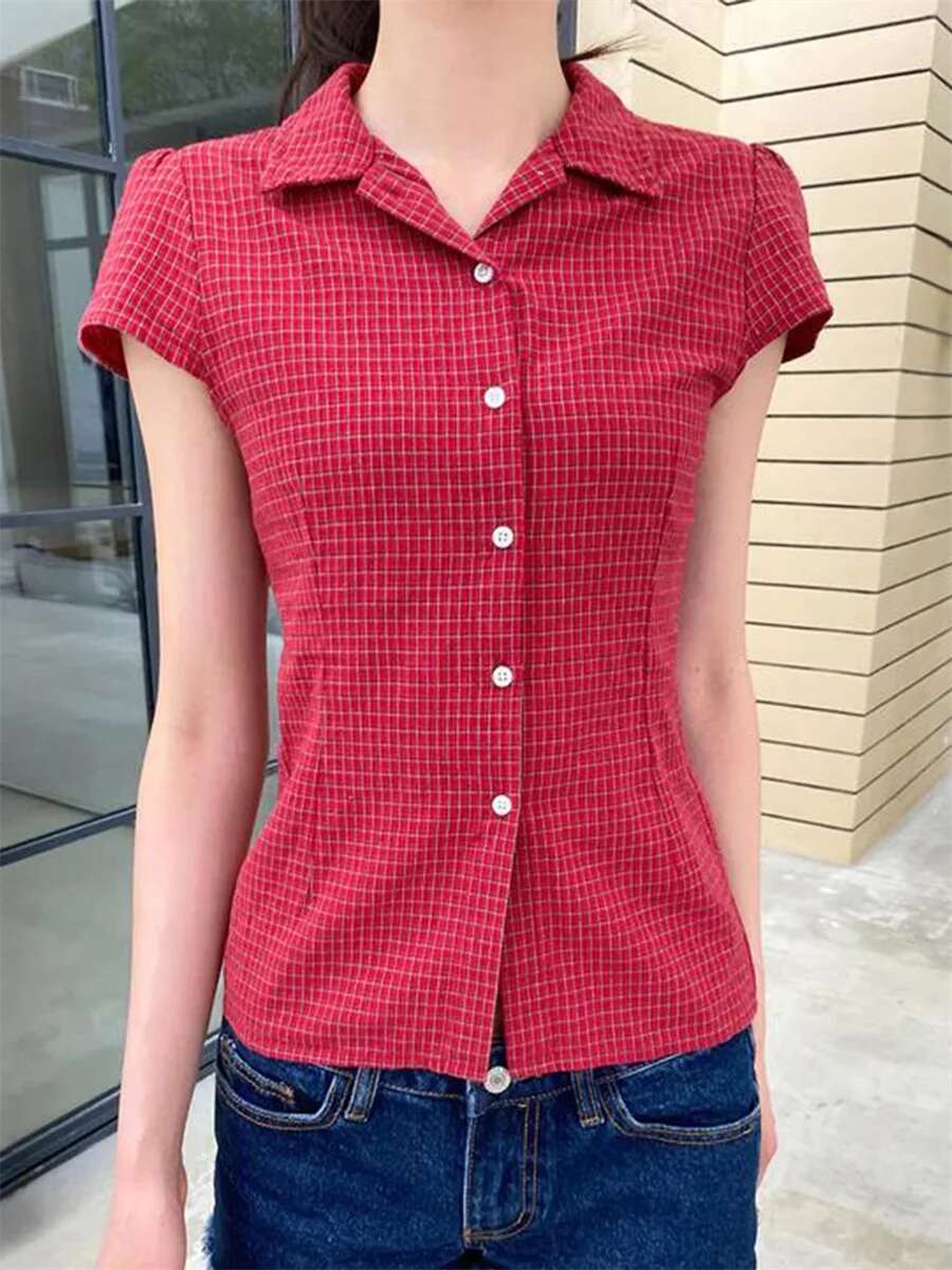 Ladies Plaid Short Sleeve Shirt with Fit and Turn Down Collar Casual Button Down Top for Summer Wear