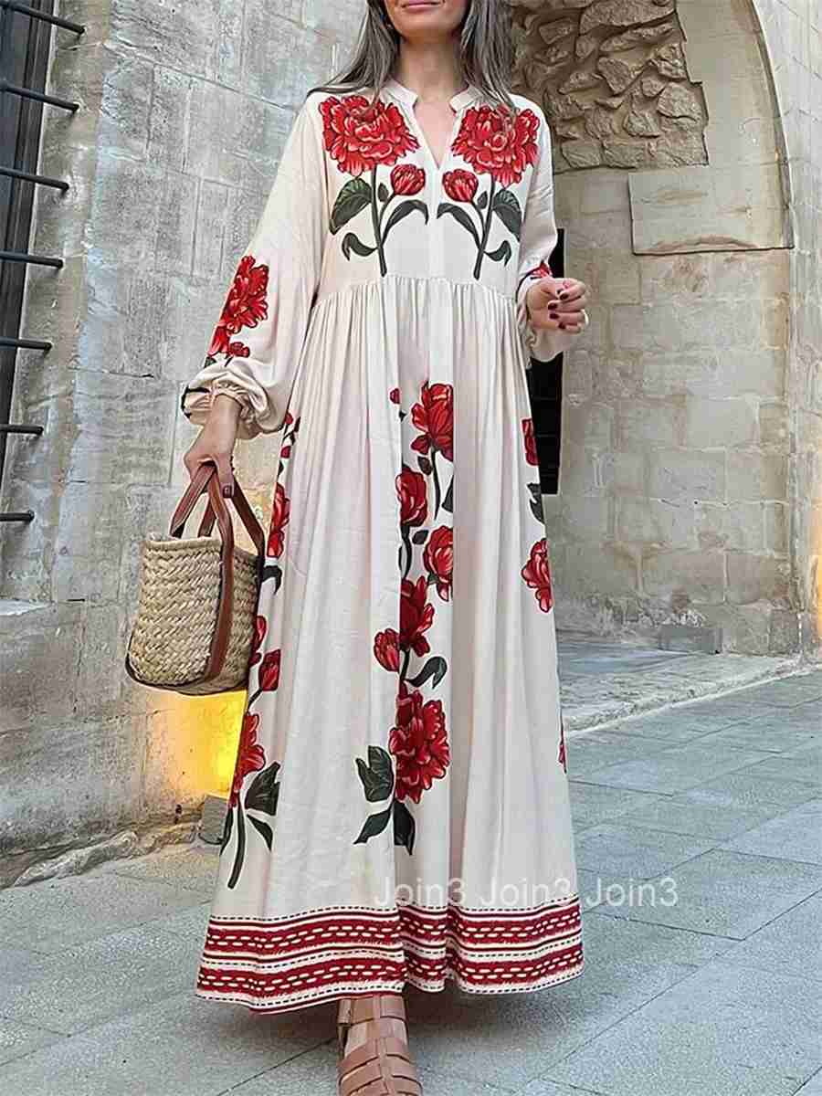 Womens Elegant Floral Print V-neck Long Sleeve Maxi Dress with Flowy Silhouette for Casual Fall Style