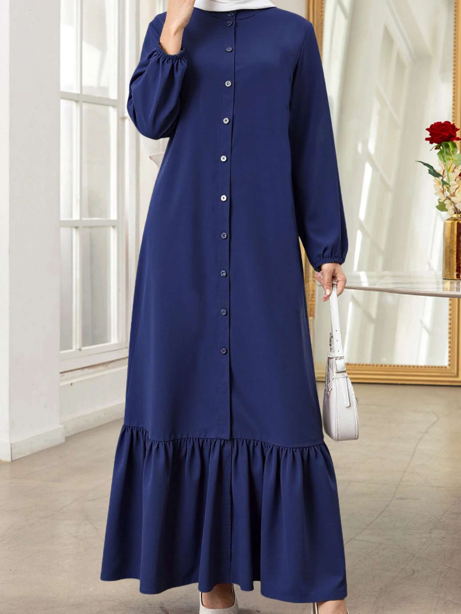 Middle Eastern Style Womens Long Dress with Solid Color and Loose Fit Design Featuring Button Down Front Crew Neck and Long
