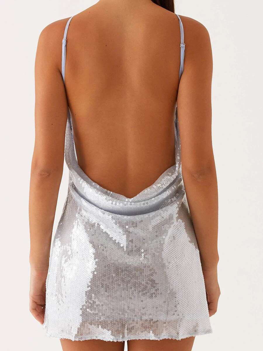 Elegant Womens Sequin Mini Dress with Spaghetti Straps and Backless Design Perfect for Summer Fashion Parties and Events