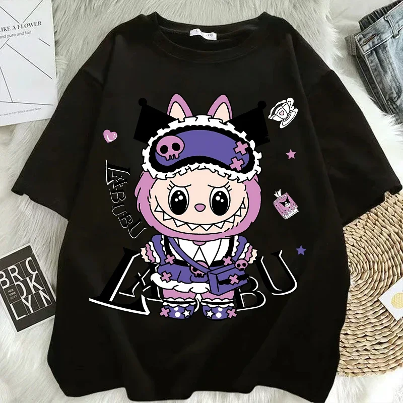 Labubu Designer T-shirts for Women Anime Fashion Short Sleeved 100% Cotton Top Summer Hip Hop Black White T-shirt High Quality Clothes 2025 New