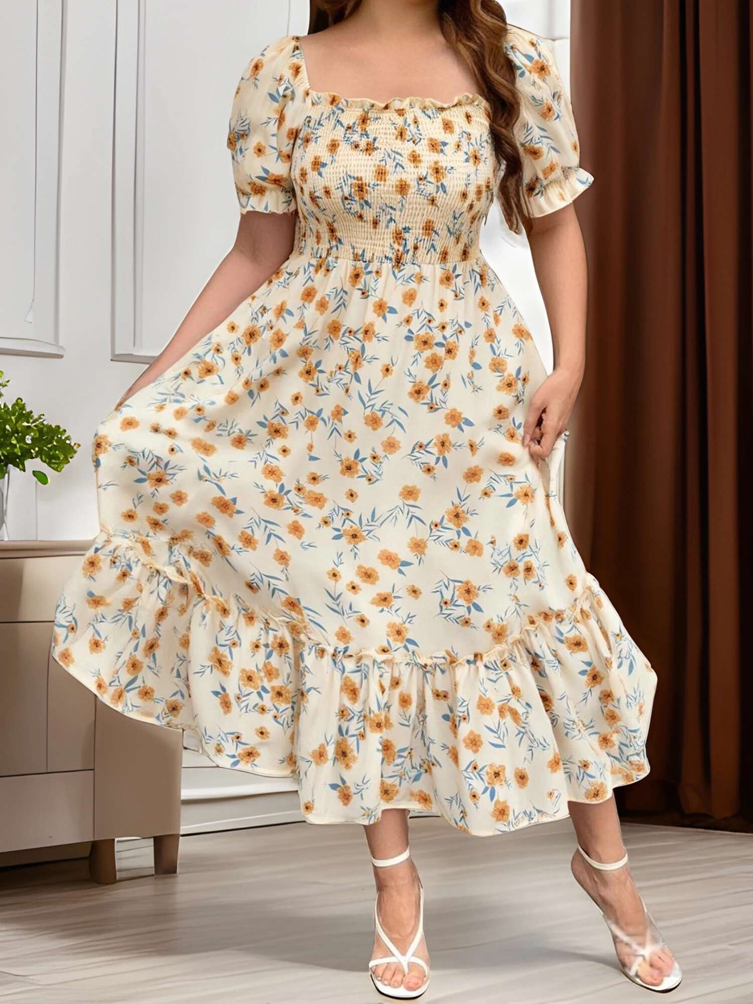 Elegant Plus Size Maxi Dress with V-neck and Ruffle Sleeves Perfect for Summer Parties and Special Occasions