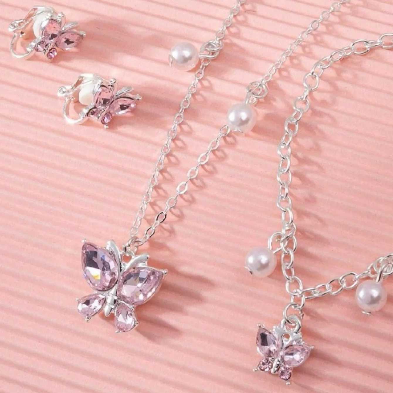 European and American pink purple simple generous butterfly necklace ear clip 3 pieces girl childrens jewelry Z250607