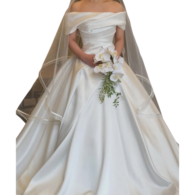 Simple White Satin Ball Gown Wedding Dresses Off Shoulder Pleats Long Elegant Bridal Gown Court Train Vestido de Novia