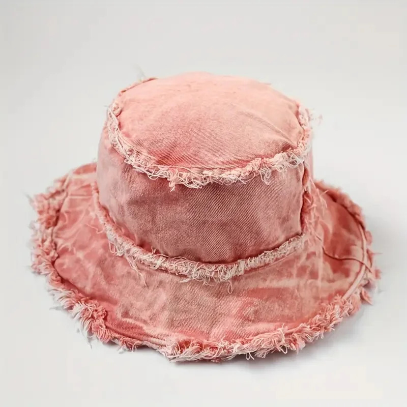 Raw Hem Denim Bucket Hat Letter Label Basin Hats Stylish Versatile Lightweight Fisherman Hats-Daily wear matching and shading 250605