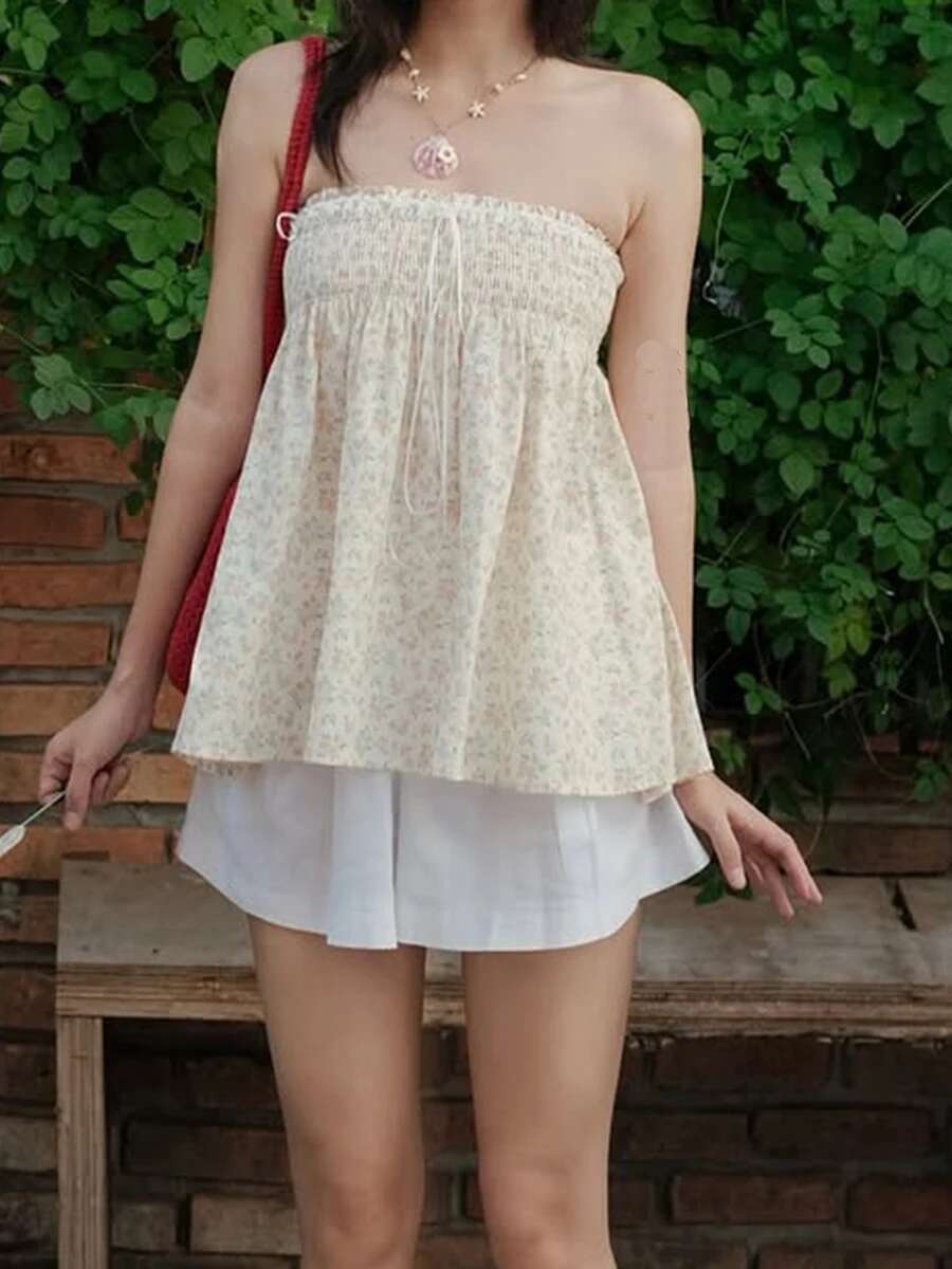 Womens Floral Print Strapless Tube Top with Pleated Detailing Backless Design and Perfect for Summer Clubwear