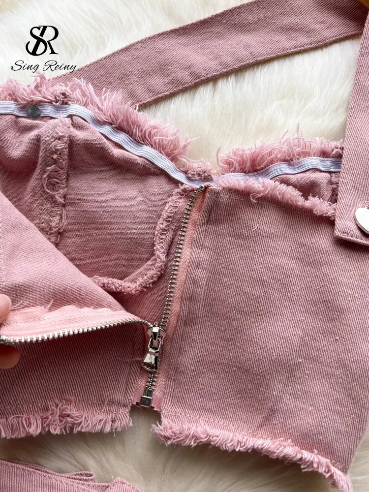 SINGREINY Denim Pink Sexy Women Sets Zipper Sashes Button Pocket Irregular Strapless Backless Top Denim Skirt Two Piece Set 250605