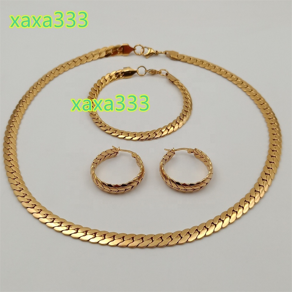 Wholesale 3 Piece Fashion Jewelry Set 18K Gold Plated Stainless Steel Flat Cuban Chain Necklace Bracelet Earrings Sets for Women