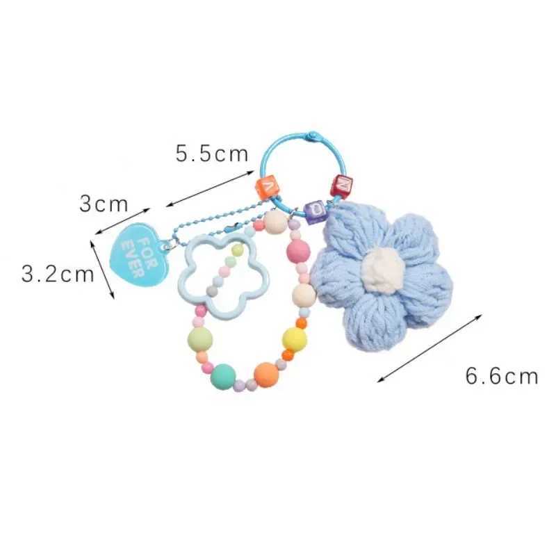 Cartoon Wool Knitted Flowers Key Chains Beaded Wristlet Lanyard Bracelet Keyring For Women Girl Bag Pendant Charms Keychain Gift XJ250607