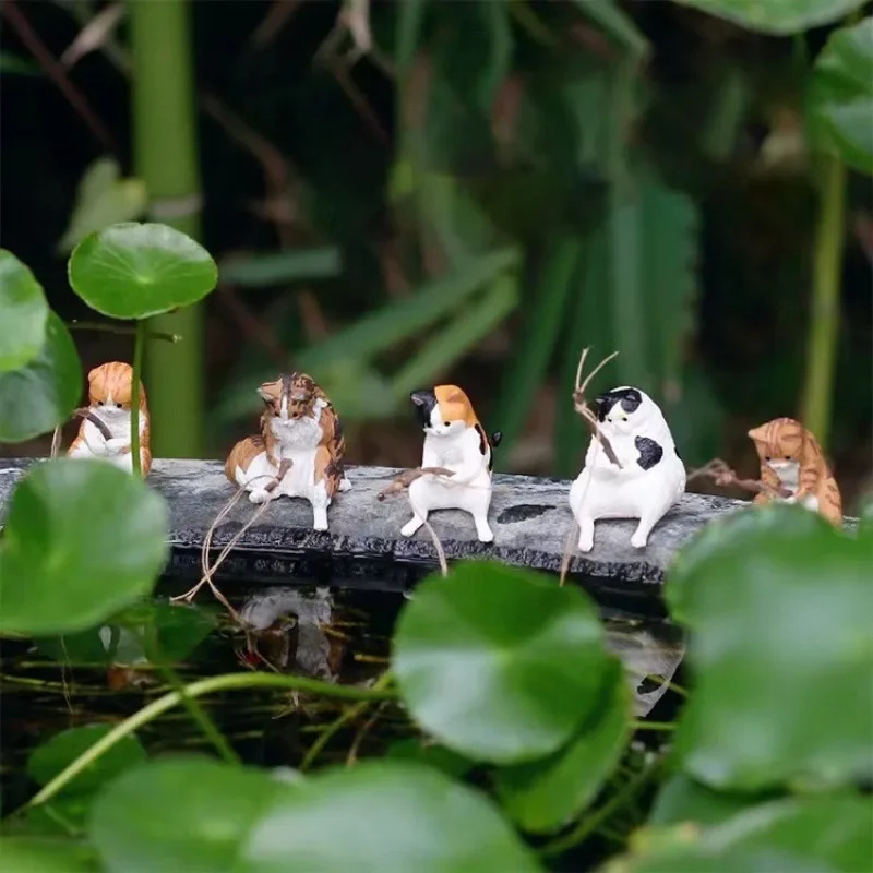 7pcs/set Fishing Cat Ornaments Aquarium Decoration Fish Landscaping Cartoon Cat Statue Mini Resin Figurine Home Decorations 250604
