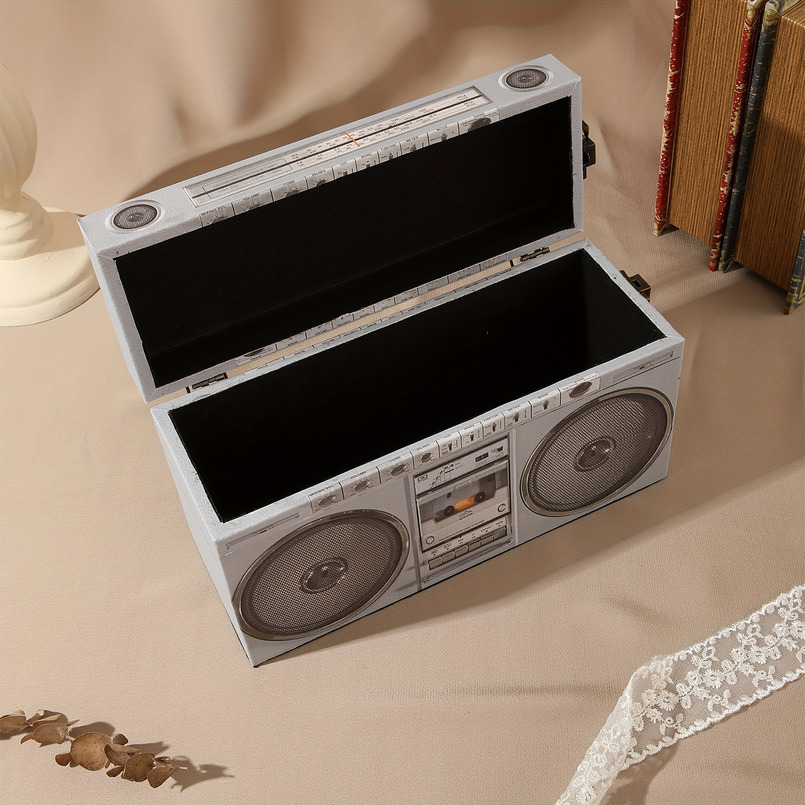 A Large Rectangular PU Radio Pattern Wooden Storage Box, Style, with Handle Flip Cover, Home Decor Ornament, Privacy Storage, New Year Gift Box
