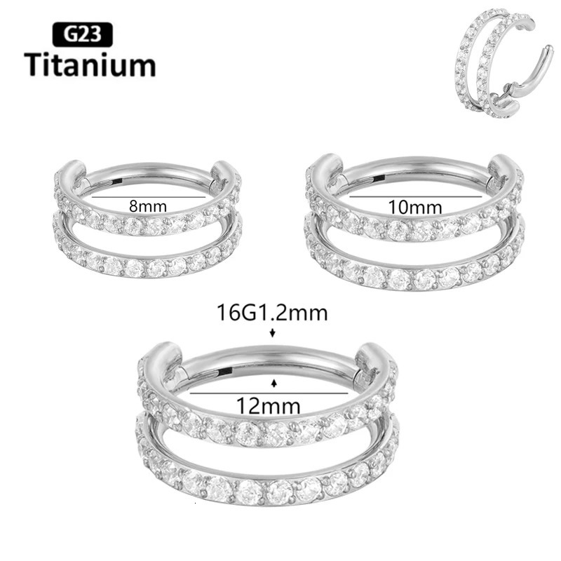 1PC ASTM 36 Earrings Nose Rings 81012mm Septum Piercing Plating CZ Zircon Tragus Clicker Lip Studs Body Jewelry 16G 250606