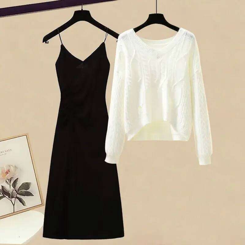 Autumn Winter Knitted Dress Set for Women with Hole Design Camisole Inner Wear Casual Japanese Style Fashion Half Skirt Suit