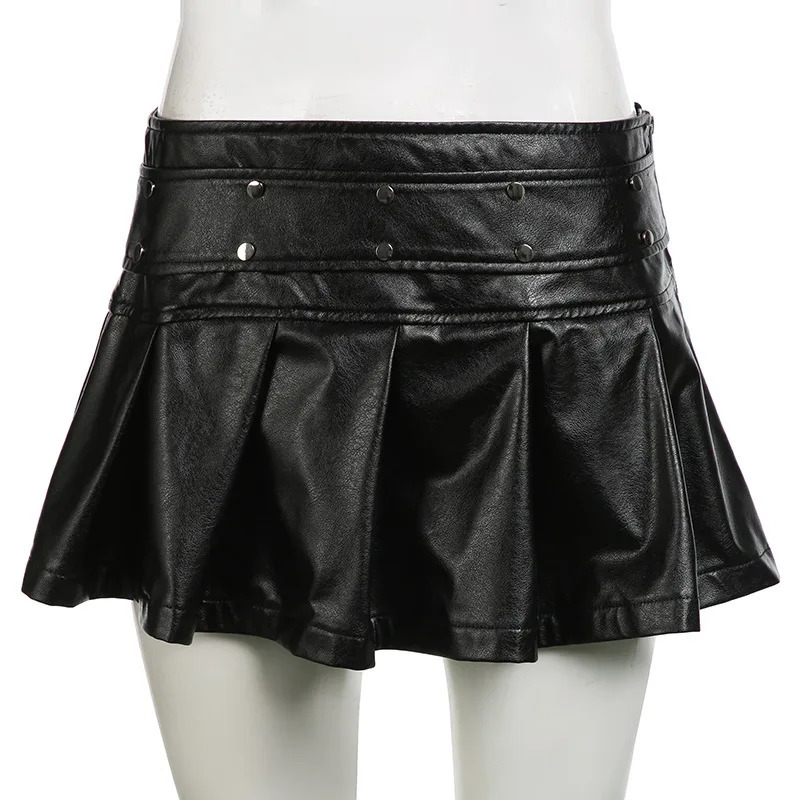 Goth Dark Punk Style Rivet Faux Pu Leather Pleated Skirts 90s Grunge Streetwear Women Mall Gothic Dropped A-Line Mini Skirt Zip 250529