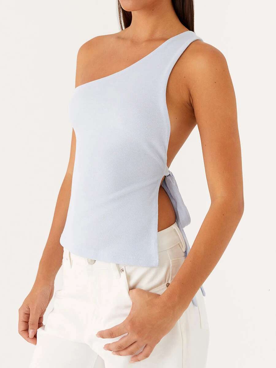 Elegant One Shoulder Blouse Womens Fashionable Sleeveless Top with Chic Side Knot Detail for Summer Wear