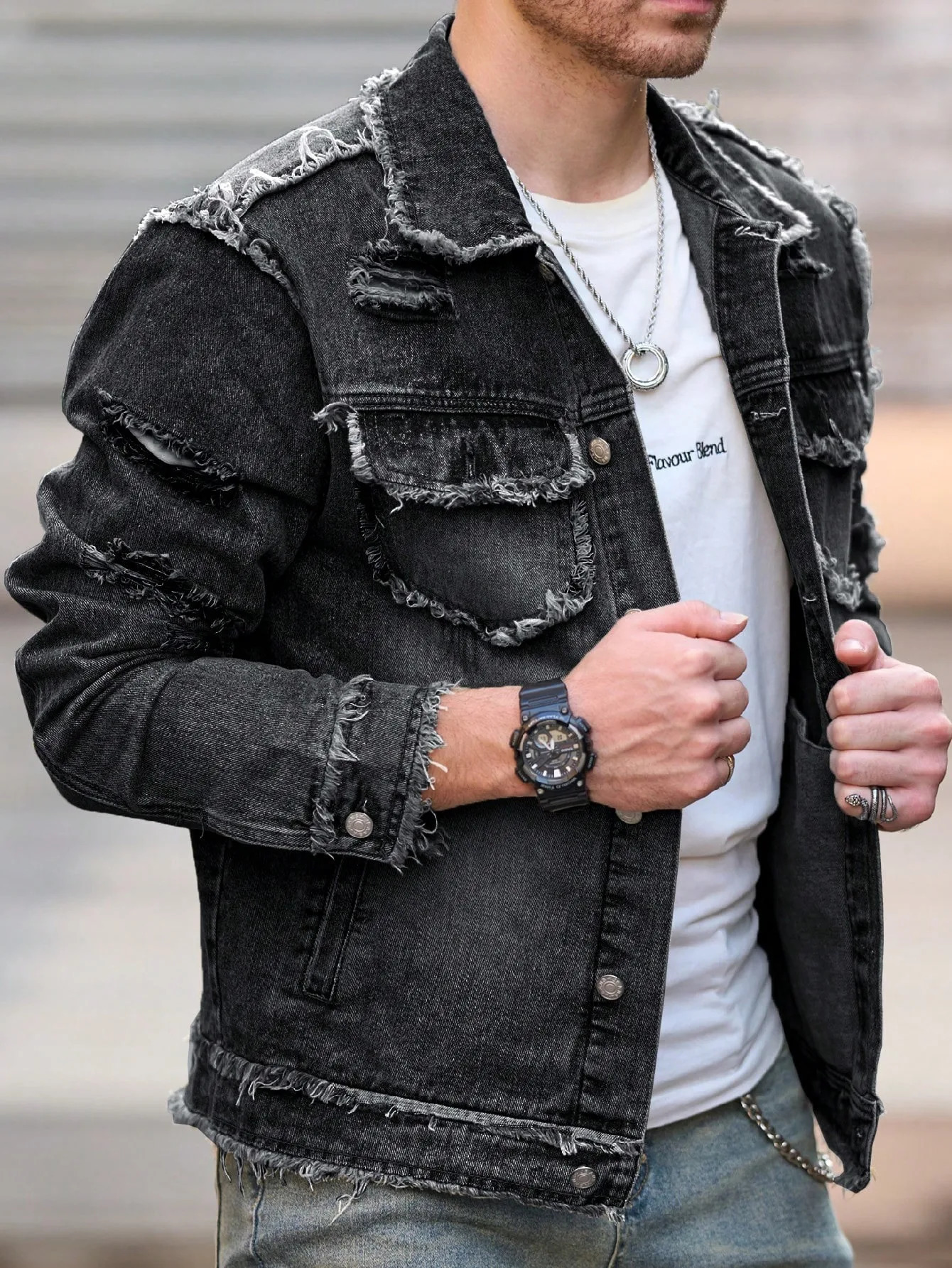 1pc Mens U2K Retro Ripped Raw Edge Hole Casual Denim Jacket Simple American n Suitable for Daily Wear Flight 250530