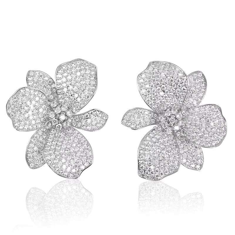 Luxury diamond wild orchid earrings in light pink 18K gold 925 silver beautiful bride jewelry