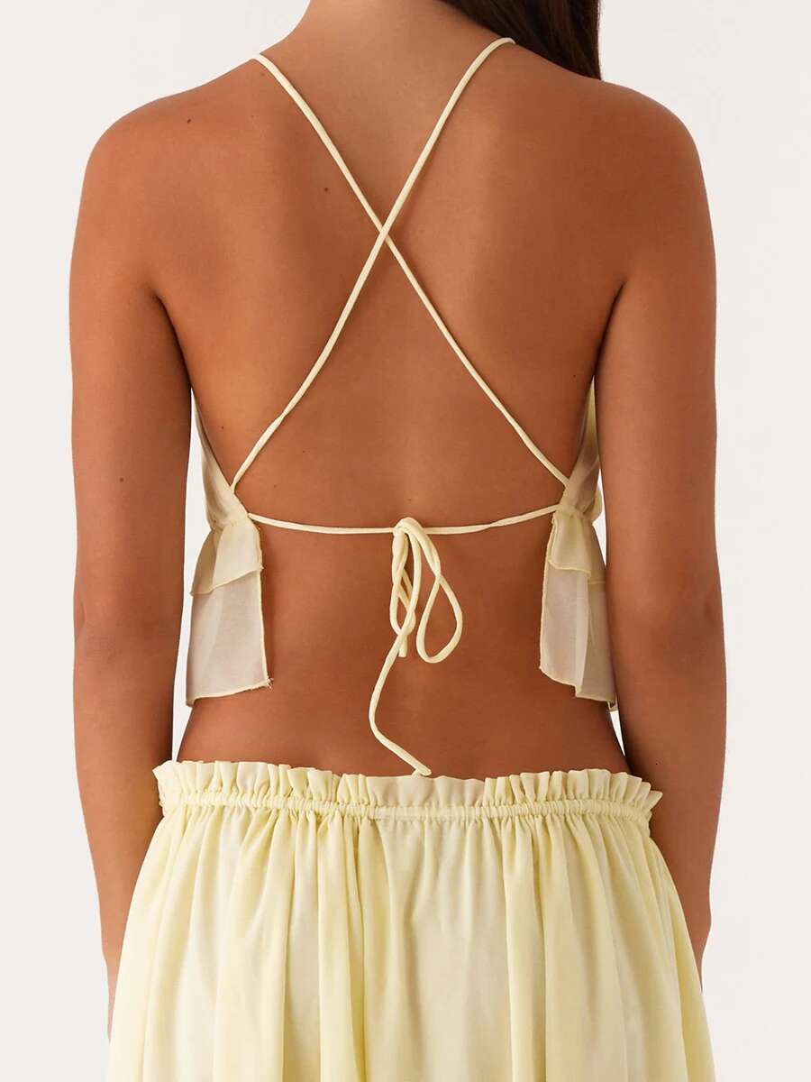 Womens Sexy V-neck Sleeveless Crop Top with Lace Trim and Adjustable Spaghetti Straps for Beach Party Night Outfits