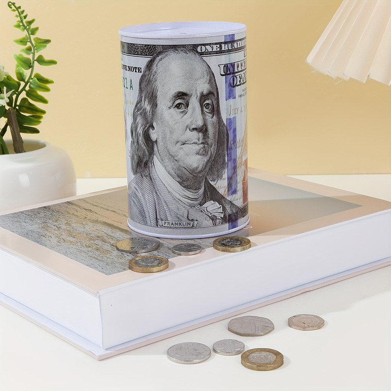 A Metal Cylindrical Dollar Pattern Piggy Bank, Coin Storage, Decorative Ornament, Currency Storage Jar