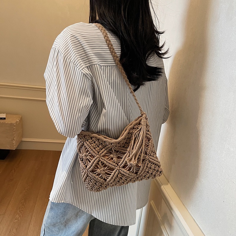 designer Korean Style Mori Handmade Cotton Rope Tassel Woven Bag 2025 Summer New Single Shoulder Crossbody Straw Bag Casual Women's Bag