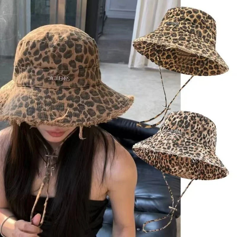 Retro Mens Leopard Print Washed Border Mens Fisherman Hats Seasonal Hanging Rope Outdoor Travel Basin Hats Sun Hats 250605