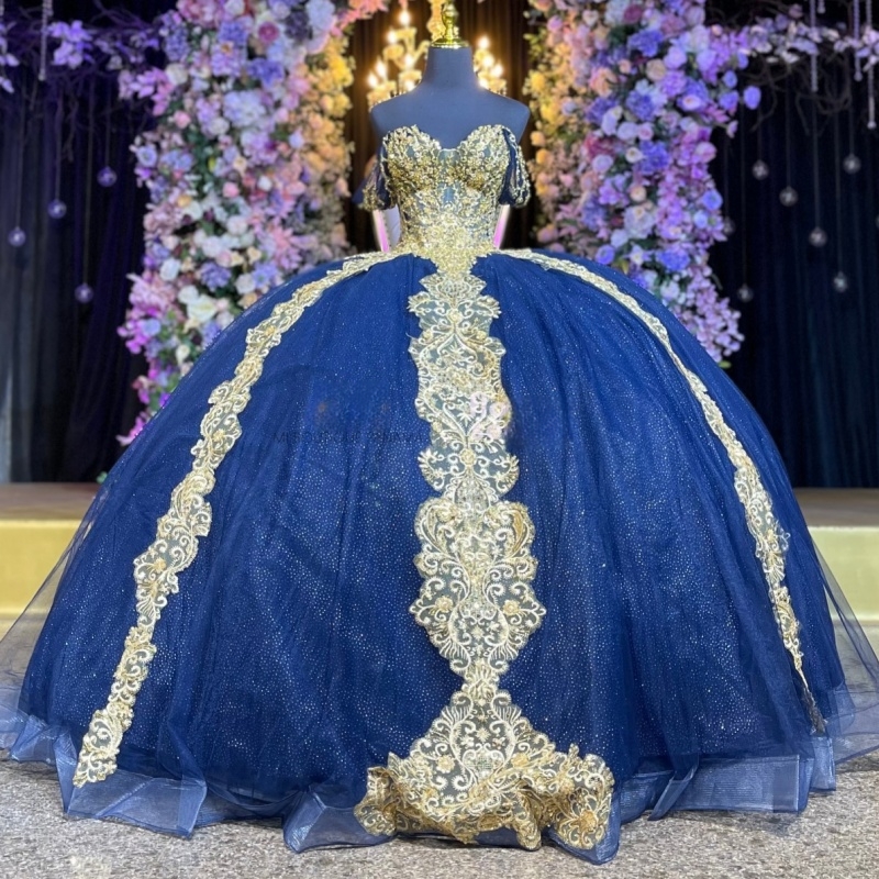 Royal Blue Shiny Quinceanera Dresses Ball Gown Off The Shoulder Gold Applique Lace Beads Tull Sweet 16 Dress Vestidos 15 De Anos