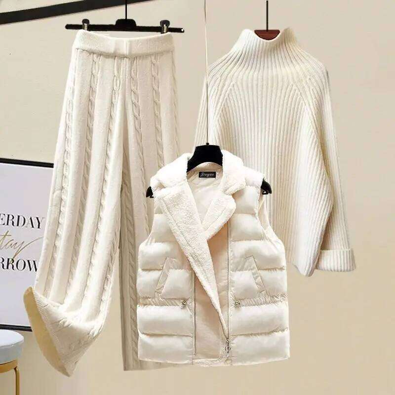 Women's Winter Set Long-sleeved 3piece Knitted Suit Warm Turtleneck Bright Color Sweater Top Pants Pullover Knitwear