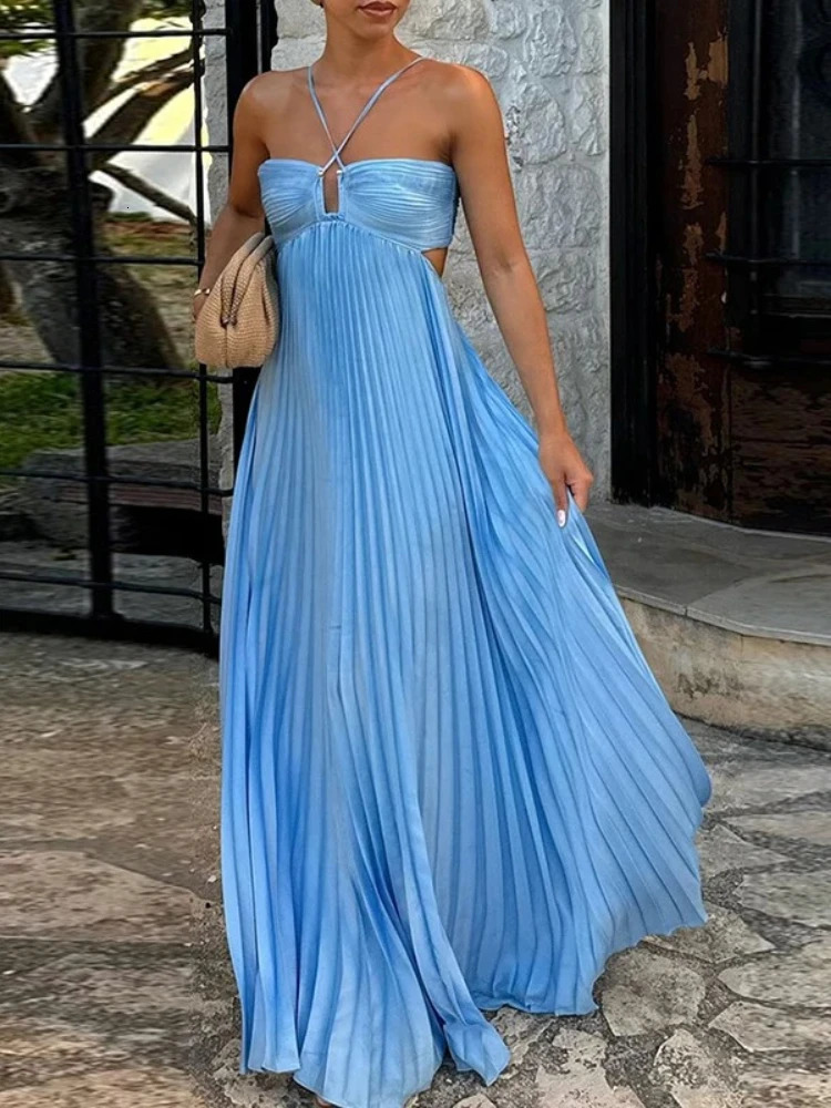 2025 High Waist Pleats Robe Dress Casual Sleeveless Solid Color Holiday Dress Summer Sexy Halter Hollow Off Shoulder Party Dress 250605