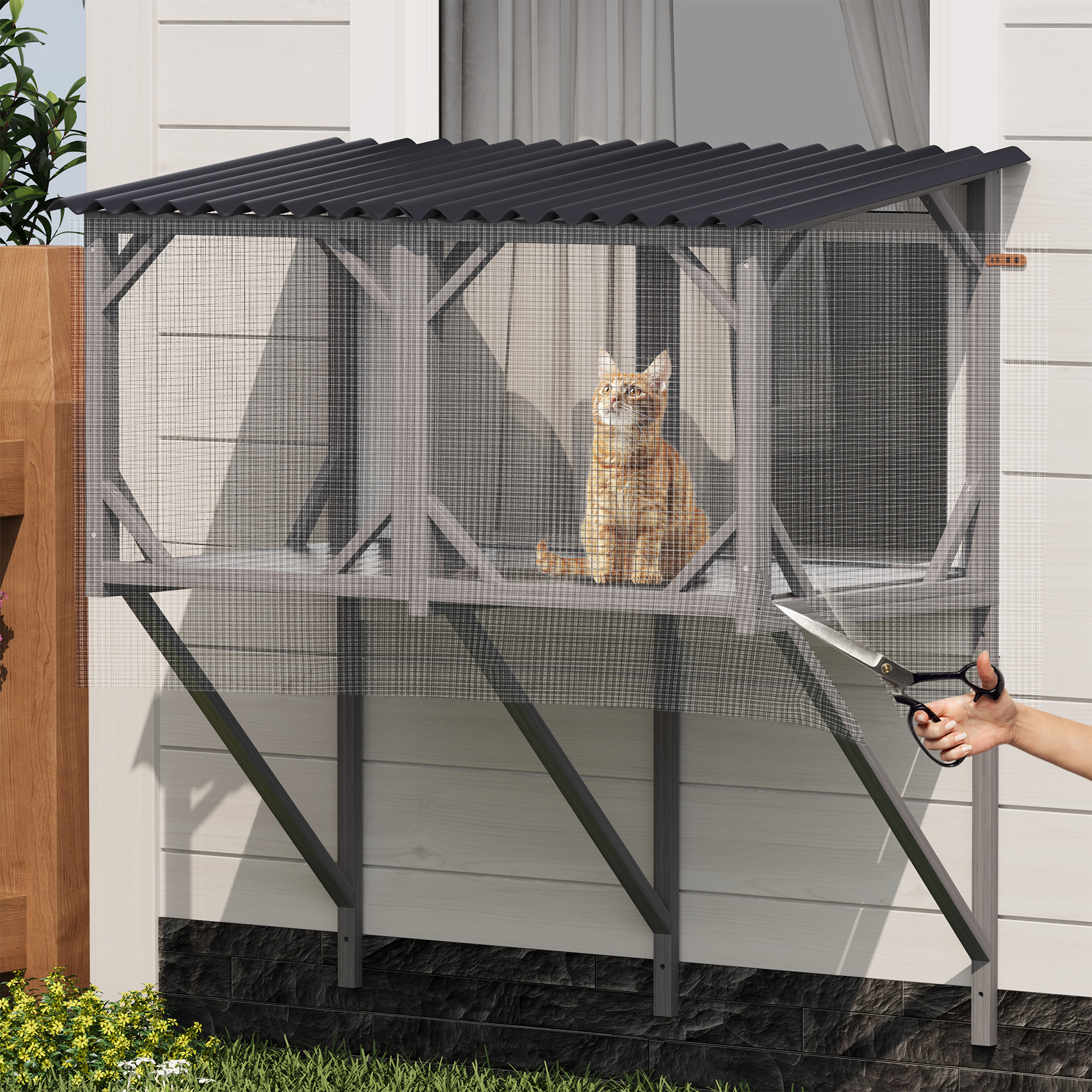 Cat Window Box 43.3" Catio Outdoor Cat Enclosure with Bug Proof Net for Sunbathing Napping Viewing Window Perch for Large Indoor Cats - All Weath
