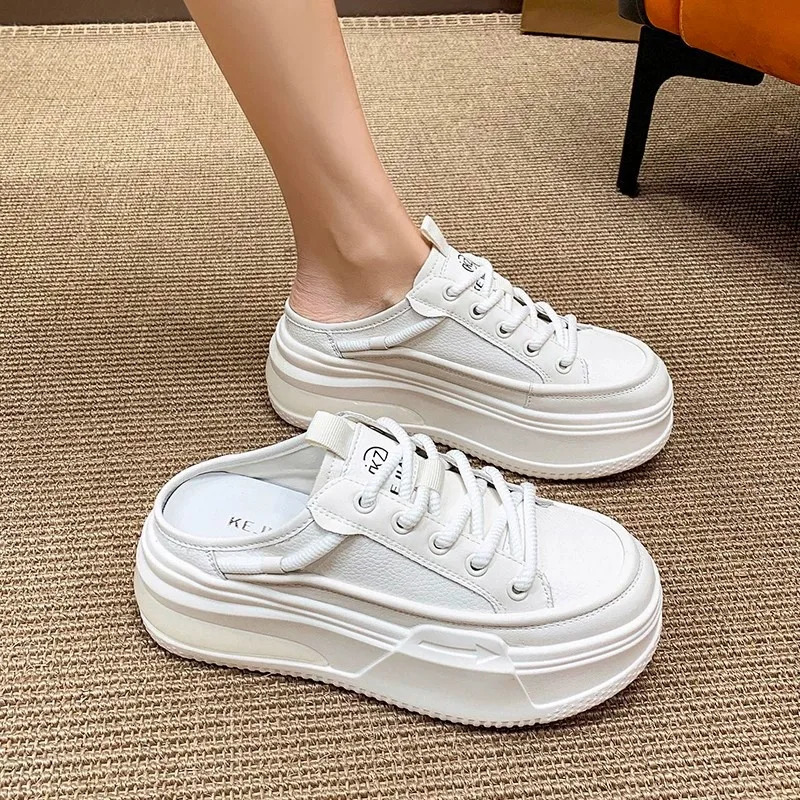 Womens Leather BaoTou Half Slippers Spring Summer Outdoor Leisure Slippers Thick Soled Womens Shoes 250603