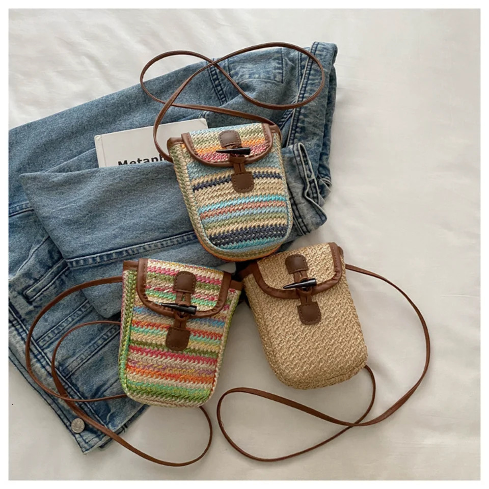 Small Straw Crossbody Bags Cell Phone Purses For Women Summer Beach Handmade Woven Shoulder Bag Vacation Card Holder Bag Wallet 250606
