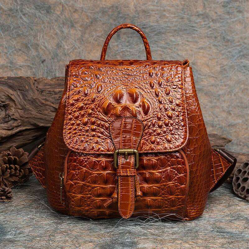 Designer Bag Vintage Women Genuine Backpack Crocodile Pattern S Real Cow Leather Bagpacks Anti Theft Ladies Travel Bag