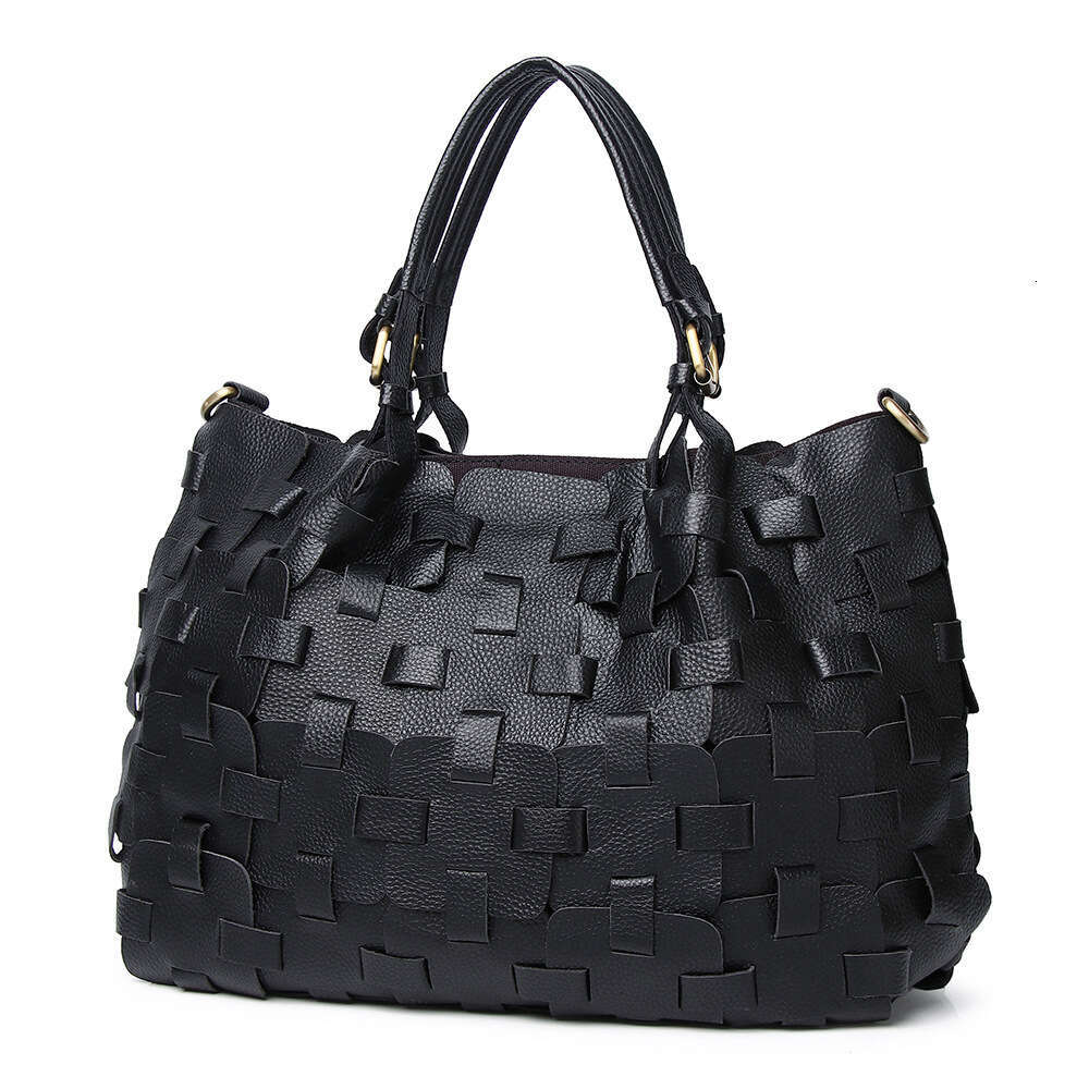 Genuine Leather Women's Cowhide Ethnic Style Colorful Woven Handbag Shoulder Crossbody Beach Tote Bag GUHUISHU