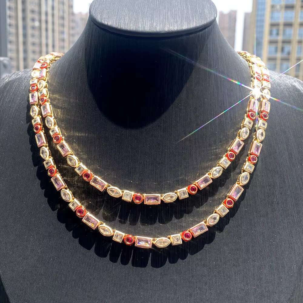 2025 best-selling rectangular colorful oil drop tennis chain; hip-hop bracelet necklace; moissanite diamond jewelry set.