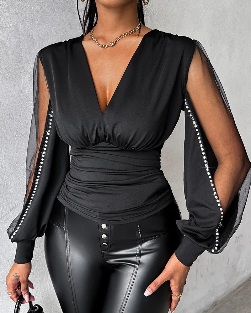 Fashion Sexy Deep V Neck Pullover Shirt Women Tops Elegant Plunge Sheer Mesh Patch Rhinestone Top Blouse Female blusas mujer 250605