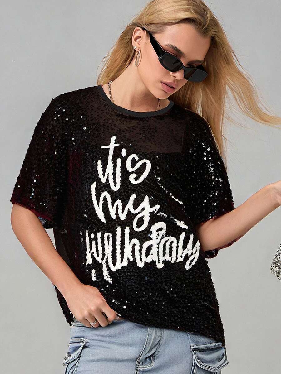 Sequin Embellished Short Sleeve Tunic Dress with Round Neckline and Oversized Fit Featuring Bold Letter Print for a