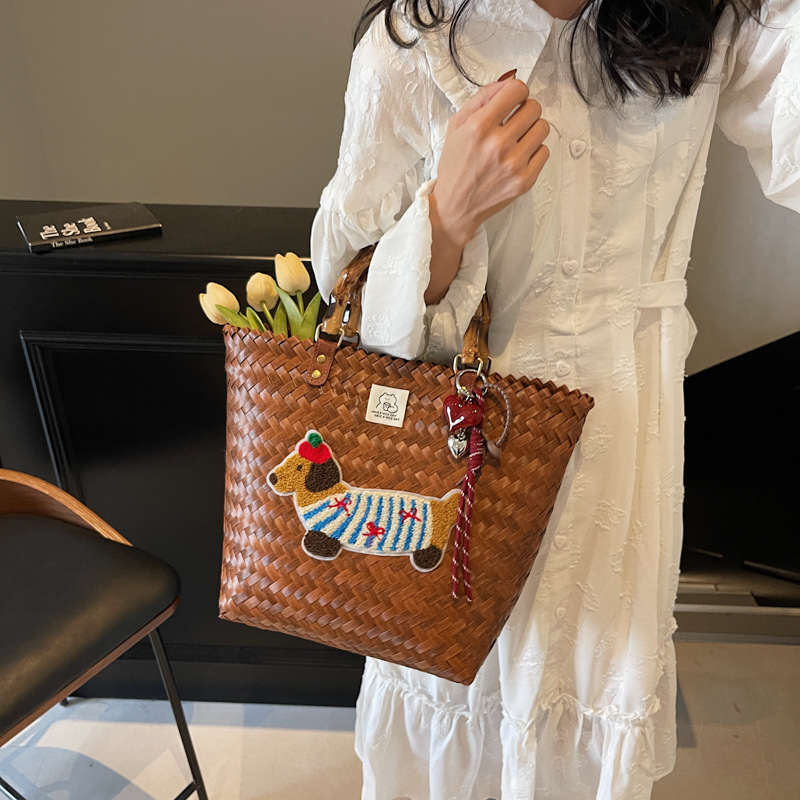 designer Vintage Striped Dachshund Handwoven Basket Tote Bag for Women Large Capacity Commuter Bag Handheld Bucke