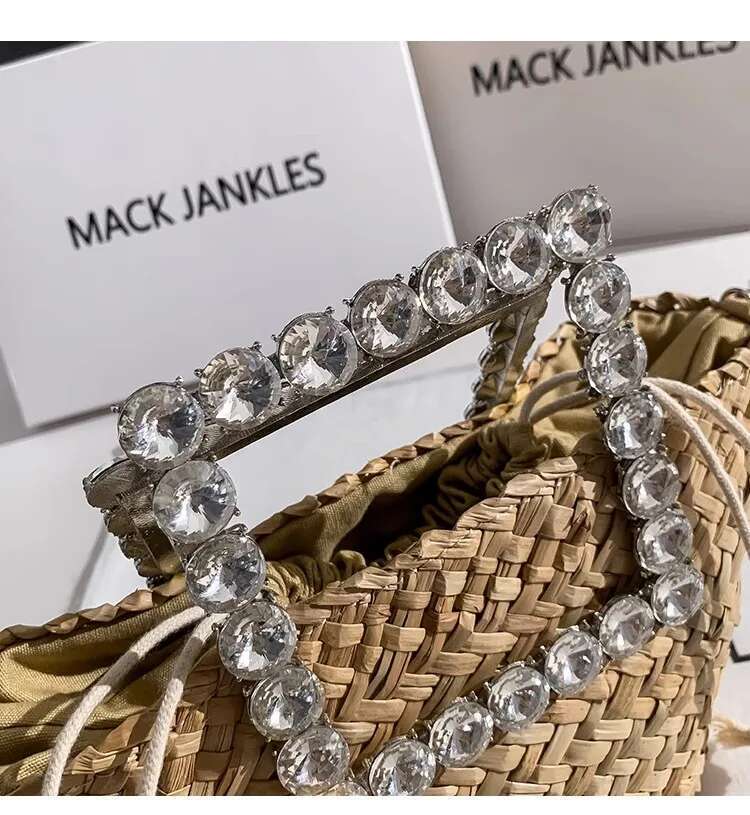 Straw Woven Handmade Bucket Crystal Dia Metal Handheld Women Handbag Lady Purse Shoulder Crossbody Holiday Beach Bag