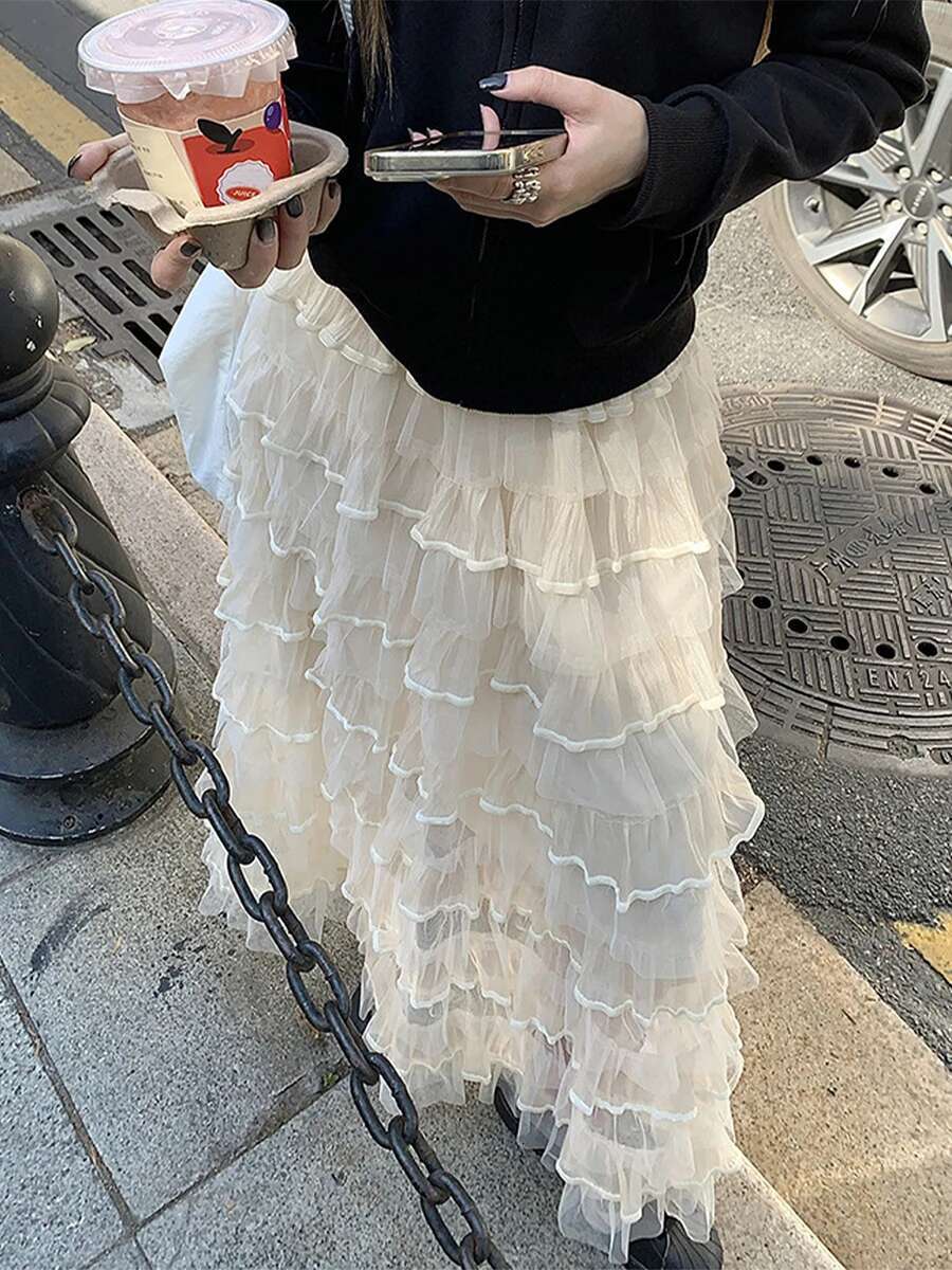 Elegant Womens High Waist Layered Ruffle Tulle Skirt in Solid Color Perfect for Daily Office Wear and Special Occasions