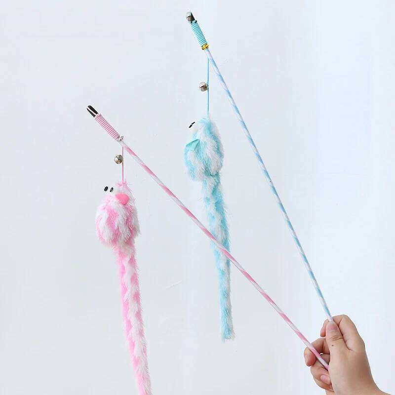 Toys Bouncy Rod Bell Bait Toy Plush Longtail Mouse Stripe Funny Stick Pet Supplies Cat Accessories