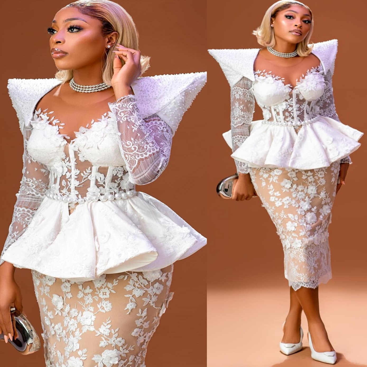 2025 Arabic Aso Ebi Plus Size White Beach Sheath Wedding Dresses Illusion Pearls Lace Tea Length Full Sleeves Vintage Bridal Gowns Dress ZJ208