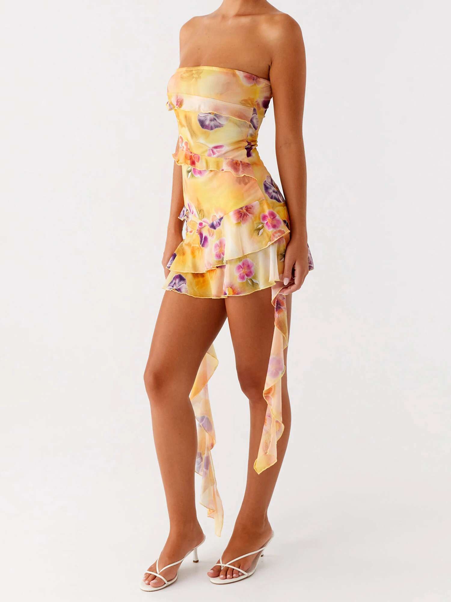 Women Off Shoulder Maxi Dress Boho Floral Print Ruffle Hem Beach Party Dress with Slit for Vacation Evening Wear