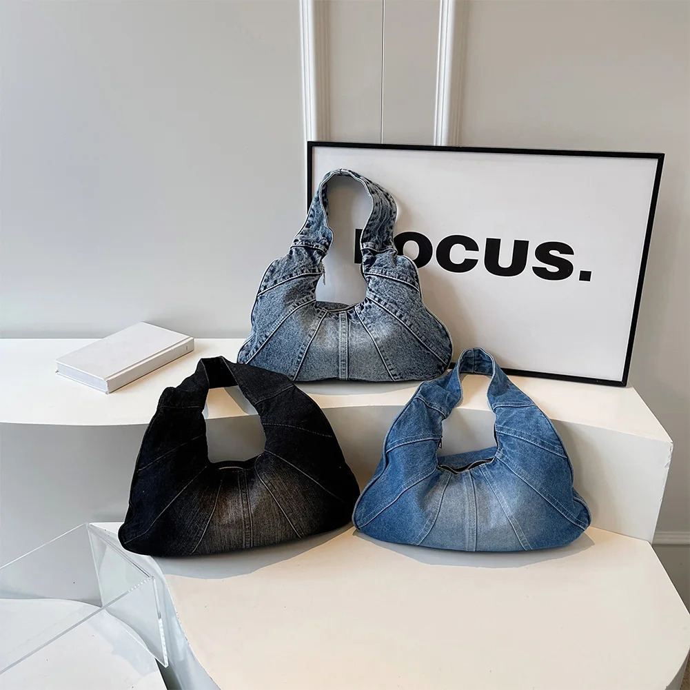 Women Denim Handbag Trendy Shoulder Bag with Zipper Underarm Purse With Pocket Clutch Bag for Work Travel Shopping 250606