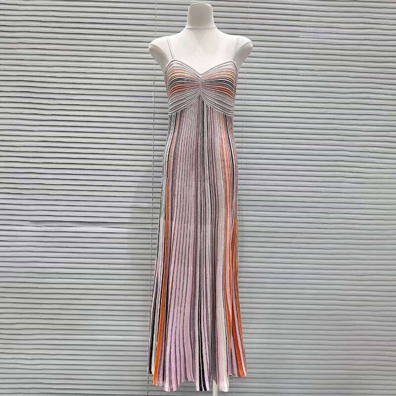 Women's Colorful Striped Knit Fashion Sexy Backless Halter Pleated Long High Quality Vacation Style Dress, 2025