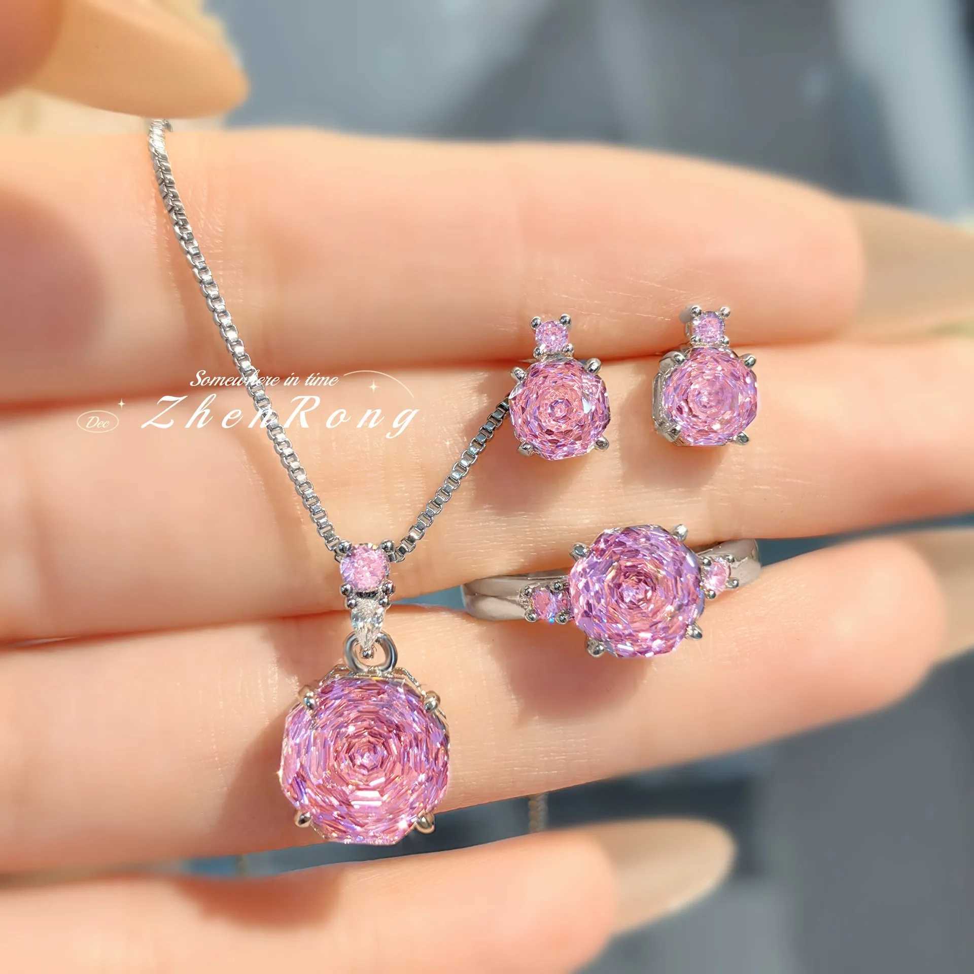 New Rose Cut Dream Color Zircon Crystal Pendant Necklaces Stud Earrings Rings For Women Fashion Luxury Female Jewelry Sets Z250607
